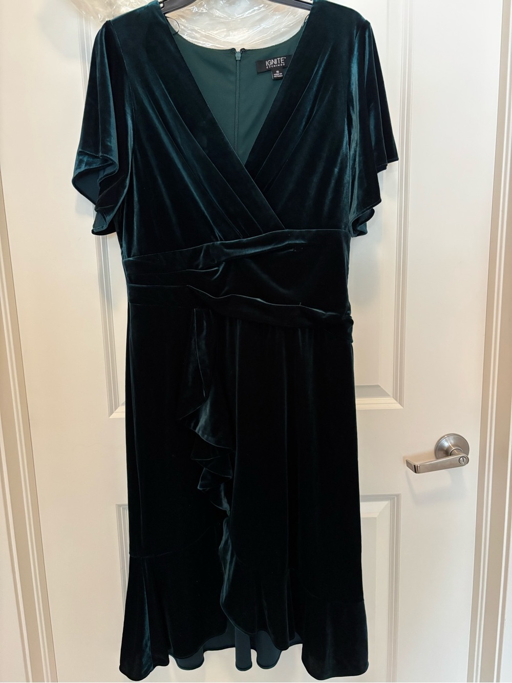 Ignite Dark Green Velvet Wrap-Style Midi Dress